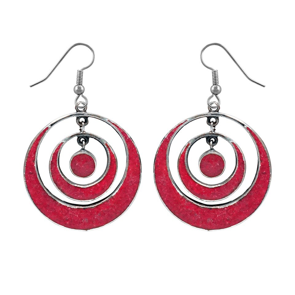 Handmade concentric circle dangle earrings with red coral inlay