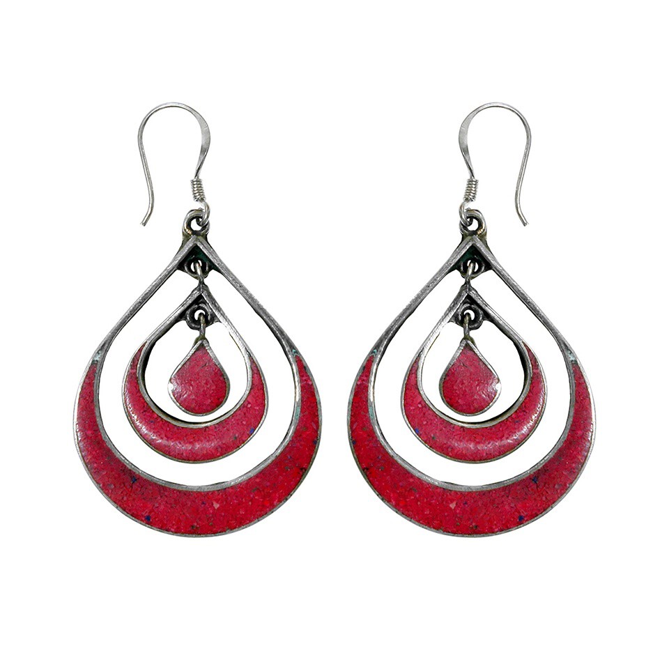 Handmade teardrop dangle earrings with red coral inlay