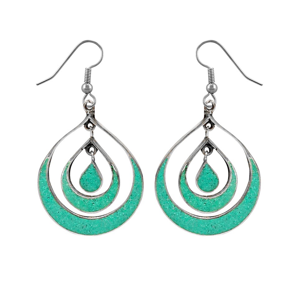 Handmade teardrop dangle earrings with turquoise inlay
