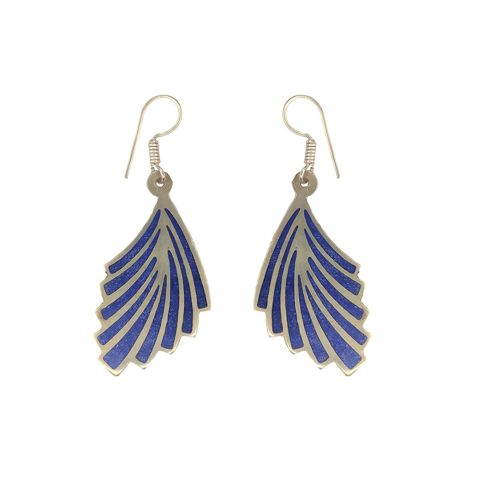 Handmade fan-shaped dangle earrings with blue inlay and silver frame