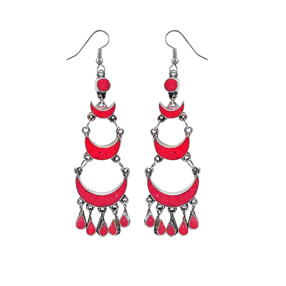 Red crescent moon dangle earrings