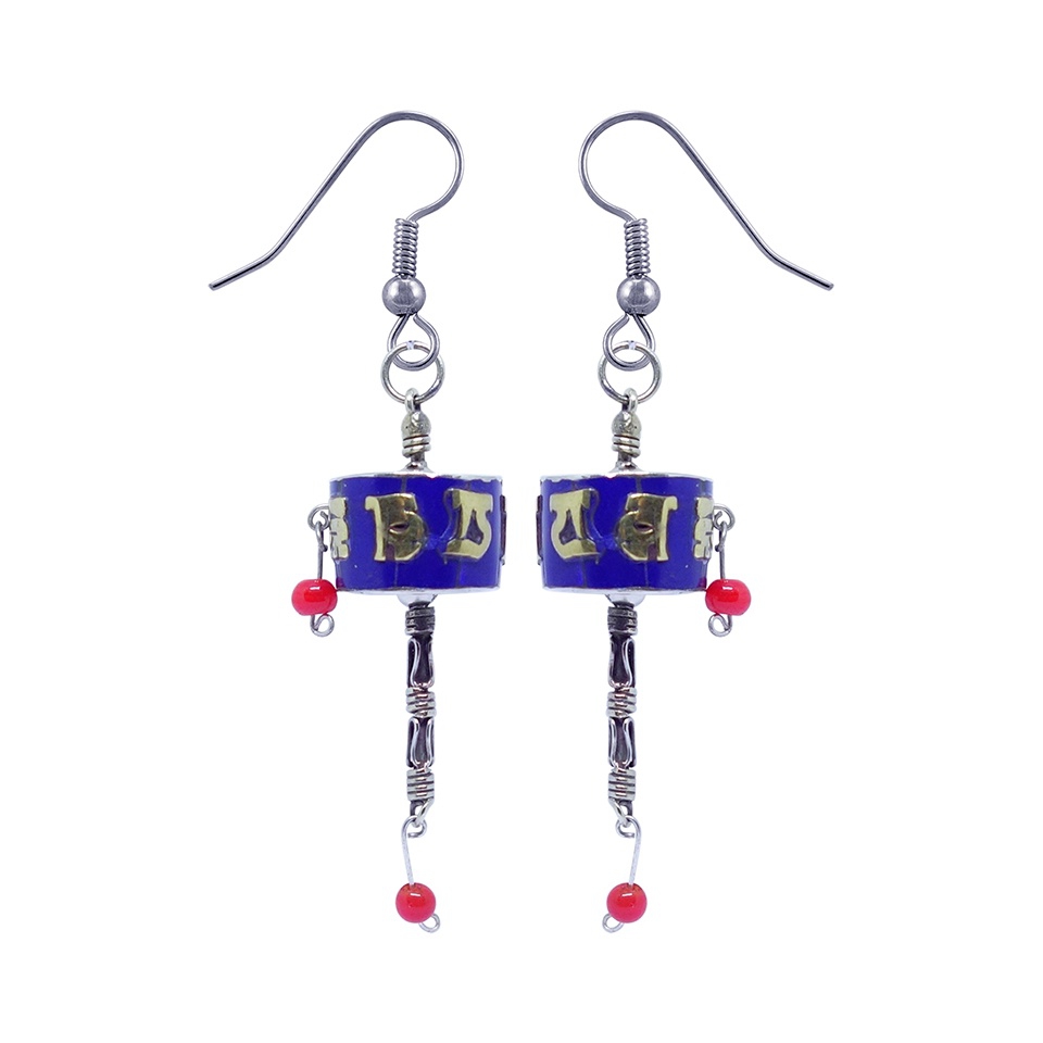 Prayer wheel earrings with lapis lazuli and coral