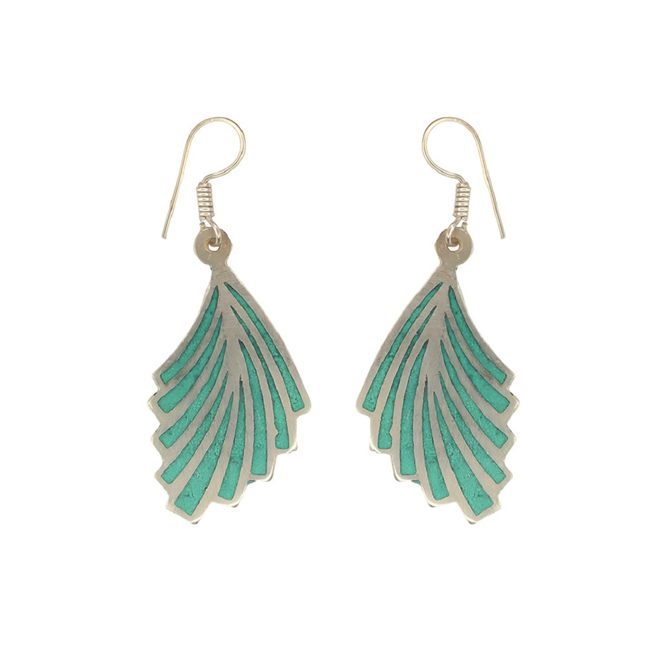 Handcrafted fan-shaped dangle earrings with green turquoise inlay and silver detailing