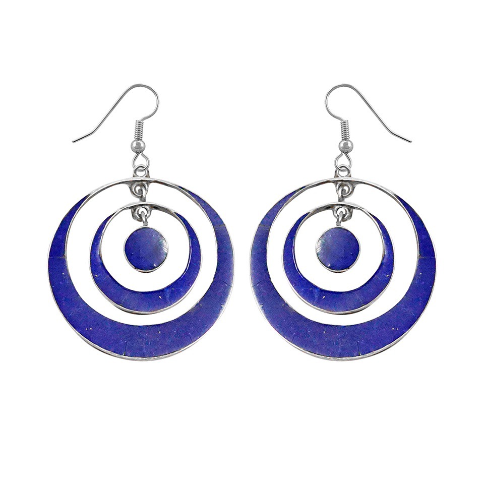 Handmade concentric circle dangle earrings with natural lapis lazuli inlay