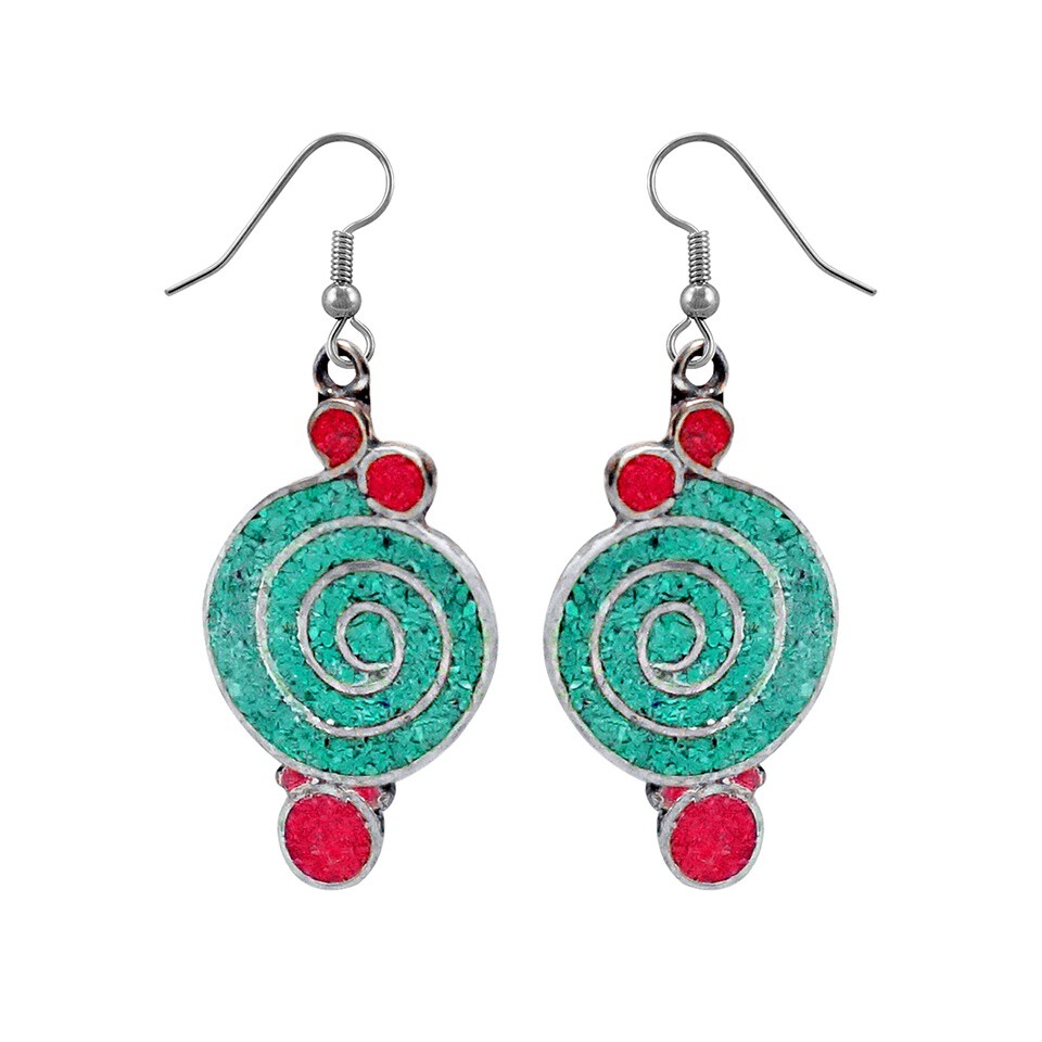 Turquoise and coral spiral earrings