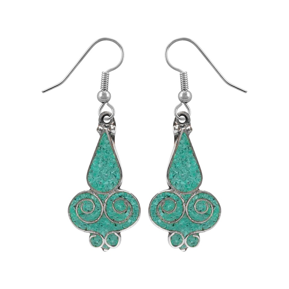 Silver-plated brass turquoise inlay Tibetan drop dangle earrings
