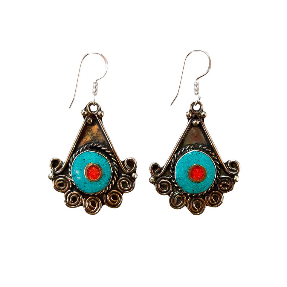 Turquoise and coral triangular earrings