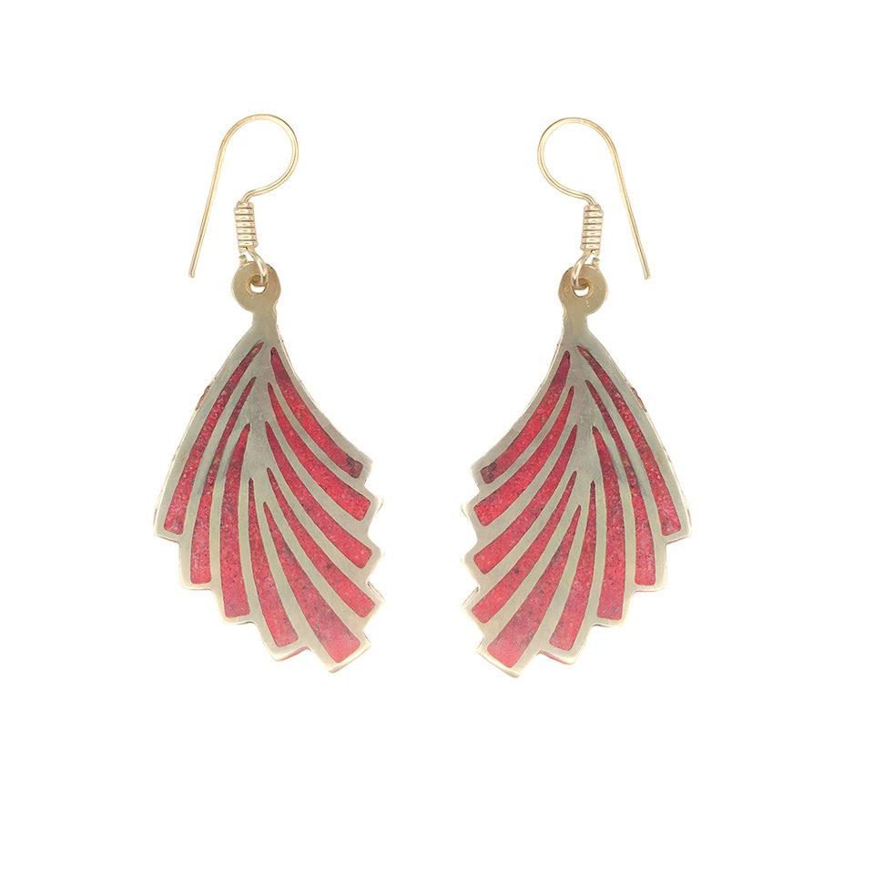 Handmade fan-shaped dangle earrings with red inlay and silver frame