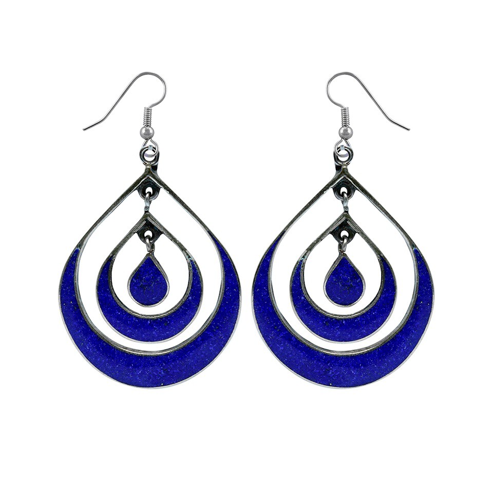Handmade teardrop dangle earrings with lapis lazuli inlay