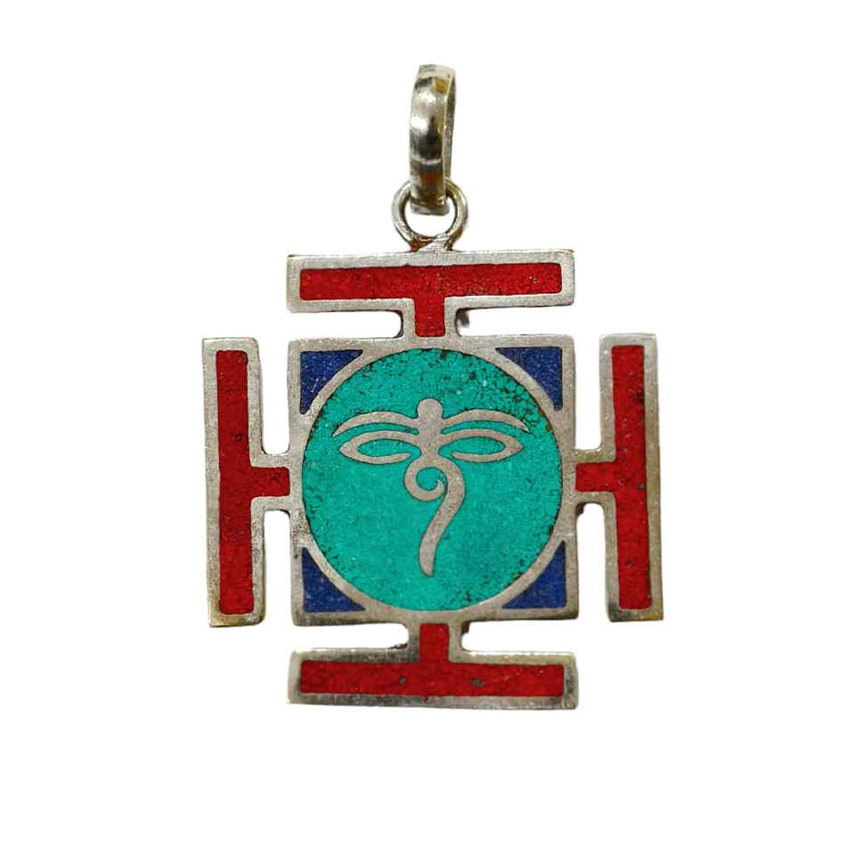Tibetan pendant with coral, turquoise, and lapis inlay