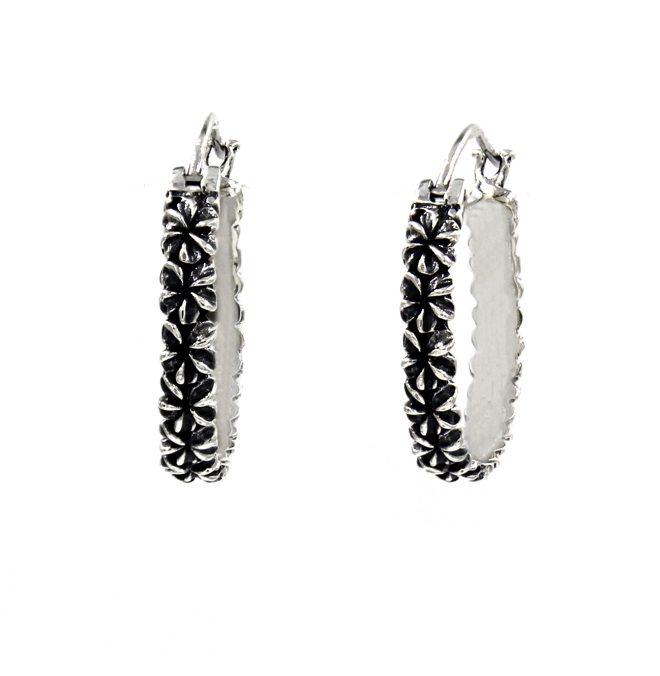 925 sterling silver hoop earrings, oxidized floral embossed design