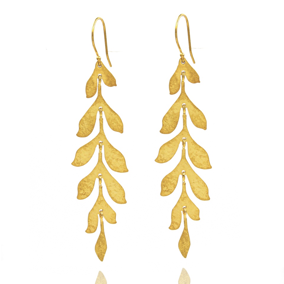 18k yellow gold-plated silver dangle earrings, cascading leaf design