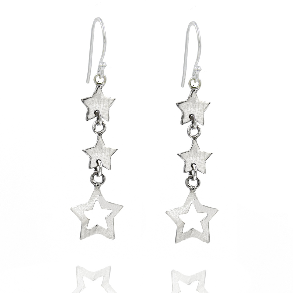 925 sterling silver star dangle earrings, triple drop celestial design