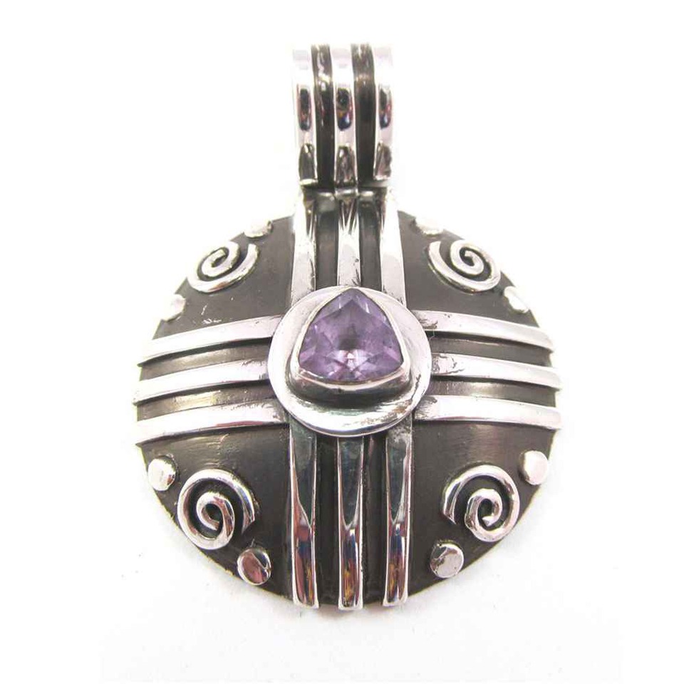 : Oxidized 925 silver pendant with spiral design and purple amethyst stone
