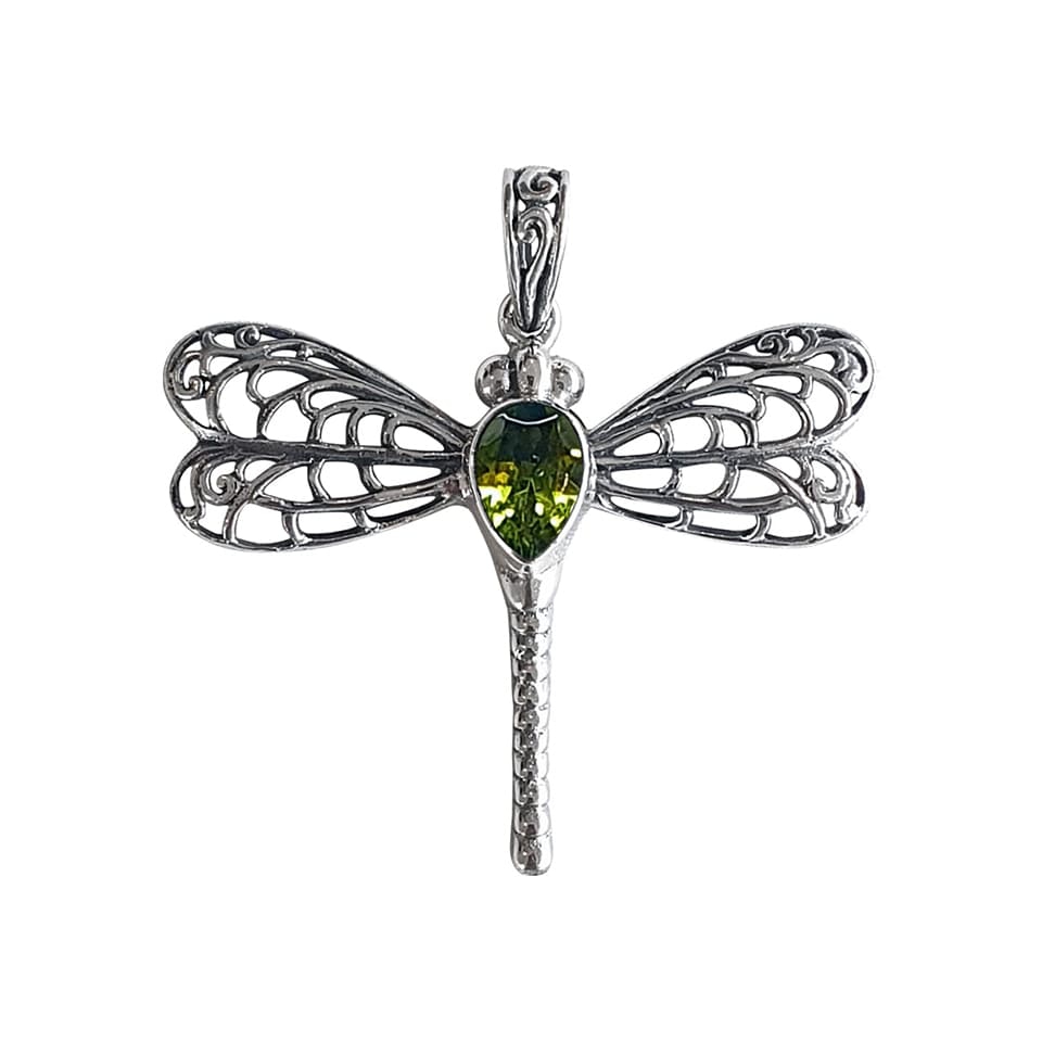 Silver dragonfly pendant with green gemstone body