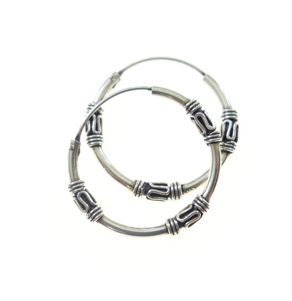 925 sterling silver Bali hoop earrings, tribal oxidized design