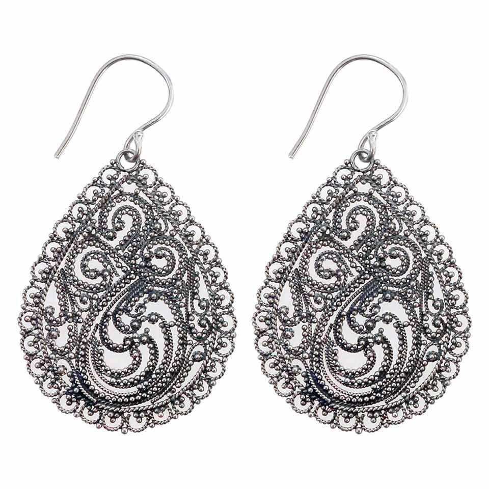 925 sterling silver teardrop earrings with intricate filigree beaded swirl design