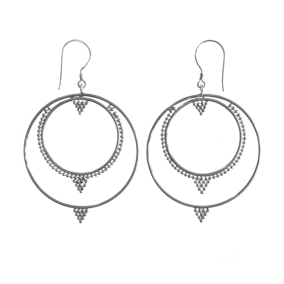 Double circle oxidized silver dangle earrings with granulated triangle accents
