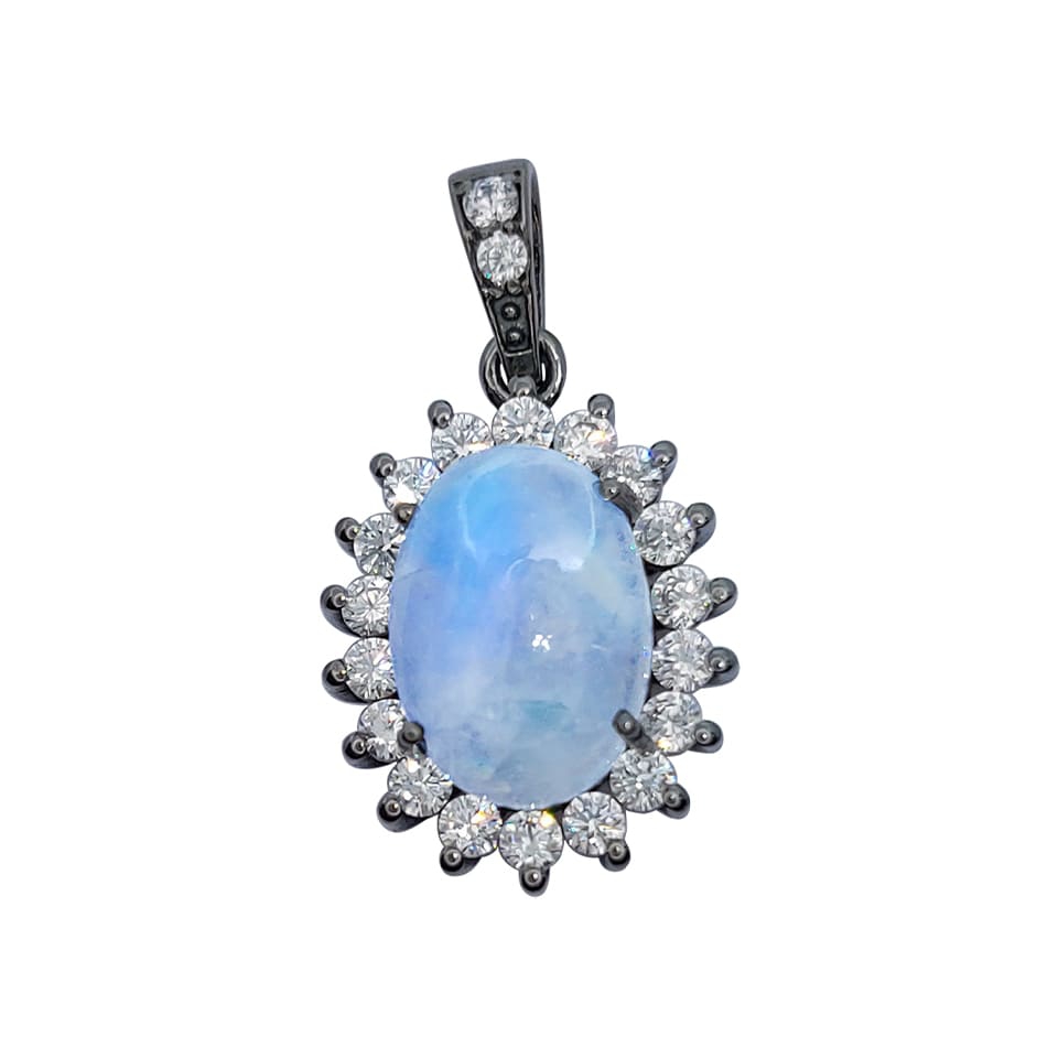 Oval moonstone pendant with cubic zirconia halo in black metal setting