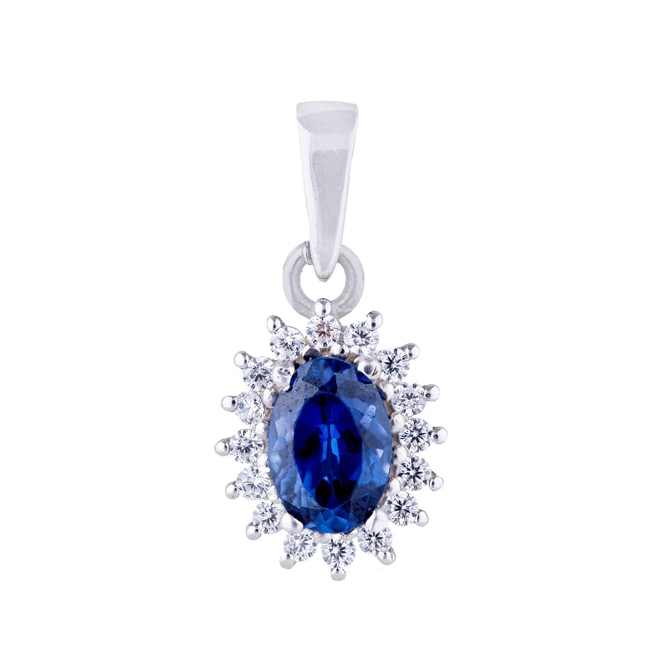 Oval blue sapphire pendant with halo of white gemstones in silver setting