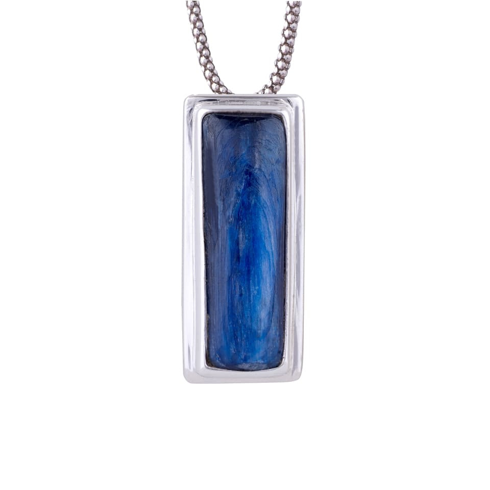 Rectangular blue kyanite pendant with silver frame on chain