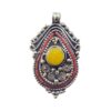 Tibetan teardrop pendant with amber center stone and coral inlay detailing