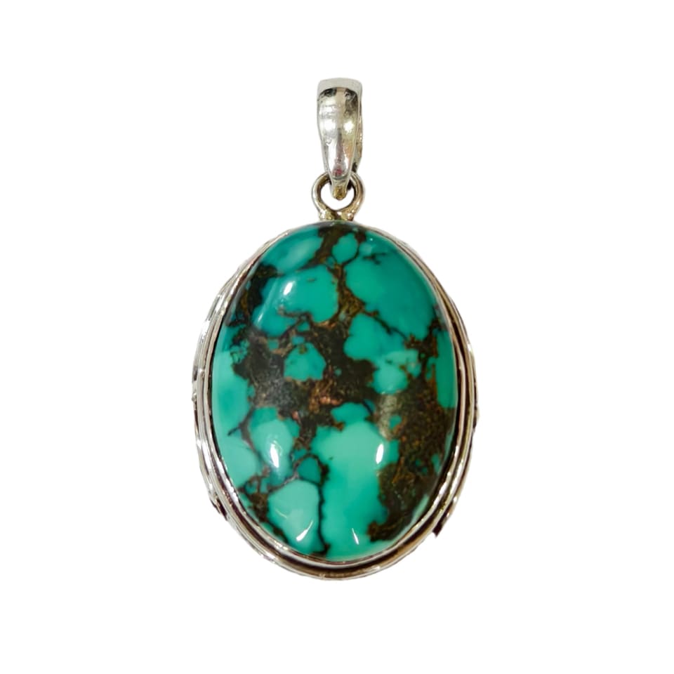 Handmade Oval Turquoise Pendant with Dark Matrix in Silver Frame