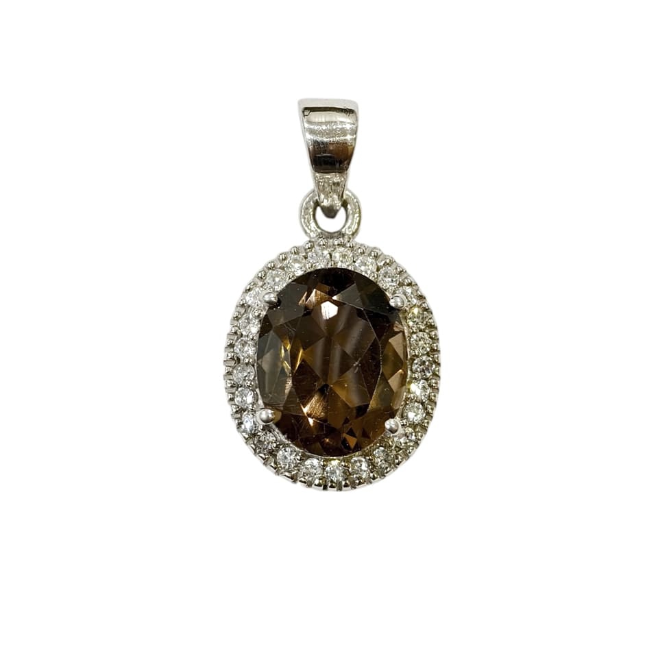 Handmade oval smoky quartz pendant with cubic zirconia halo