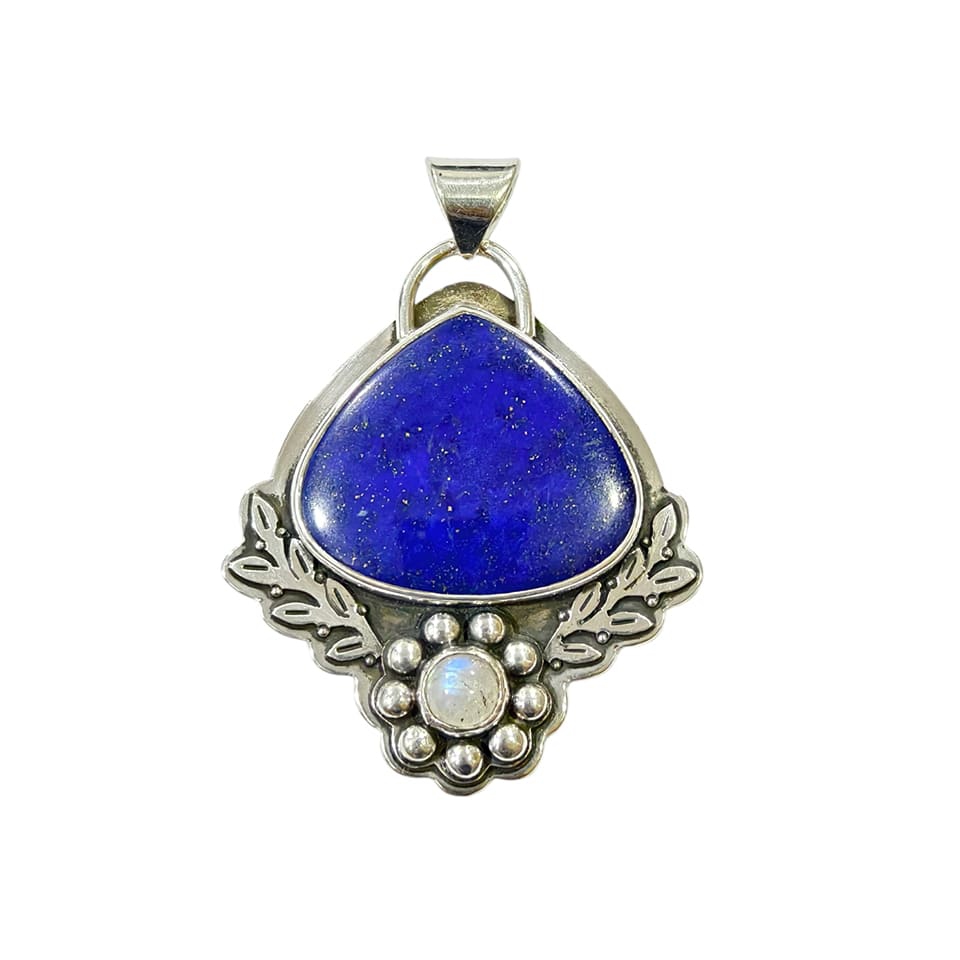 Lapis lazuli and moonstone pendant with floral silver detailing