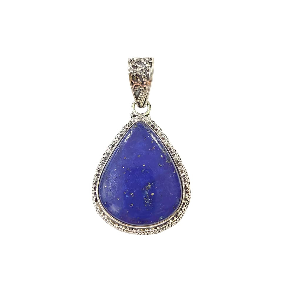 Handmade teardrop lapis lazuli pendant with ornate silver frame