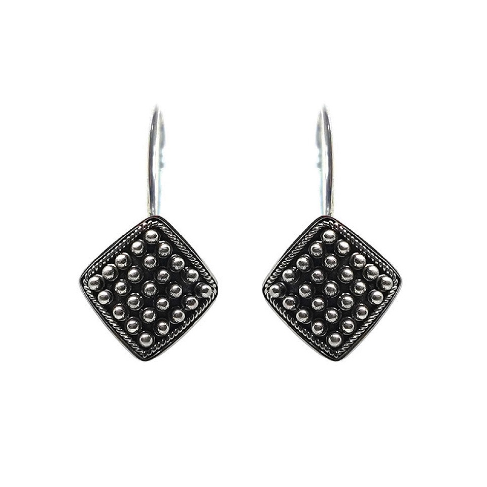 Square tribal drop earrings with oxidized silver dot detailing