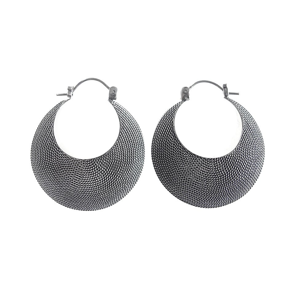 925 sterling silver mesh hoop earrings, oxidized crescent design