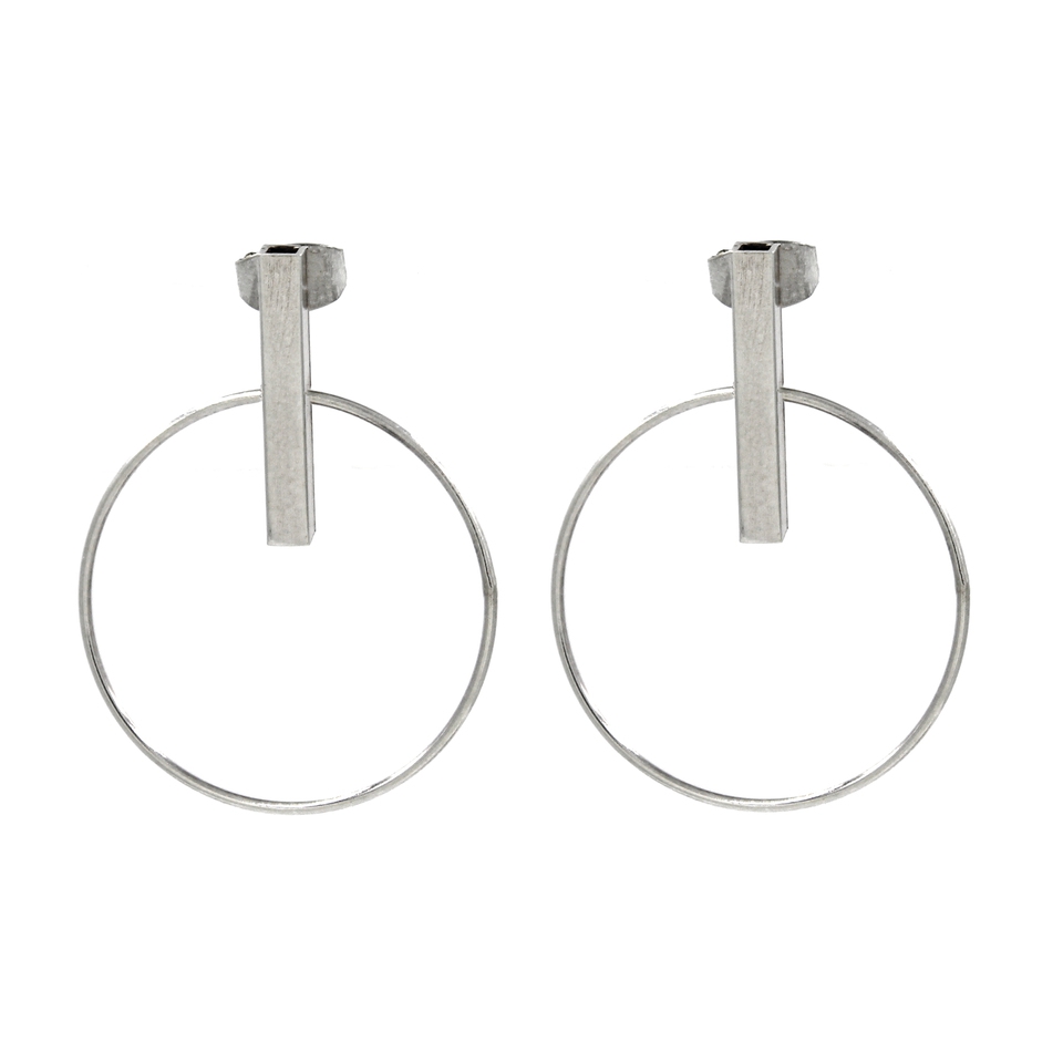 Minimalist silver hoop earrings with geometric bar stud design