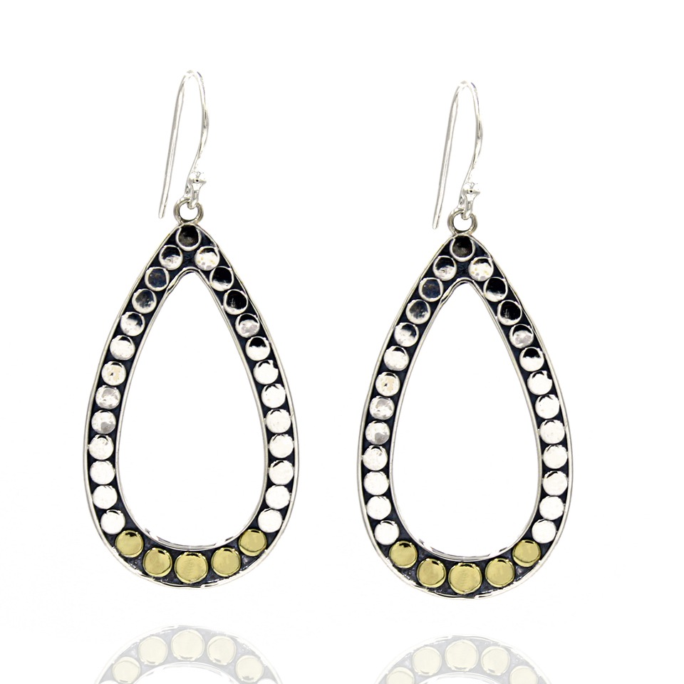 925 sterling silver teardrop dangle earrings, oxidized with brass dot accents
