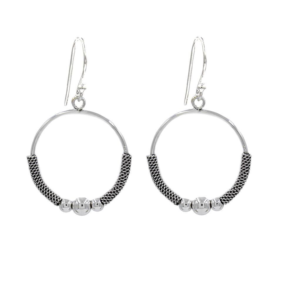 Oxidized silver round hoop earrings with twisted wire and bead accents