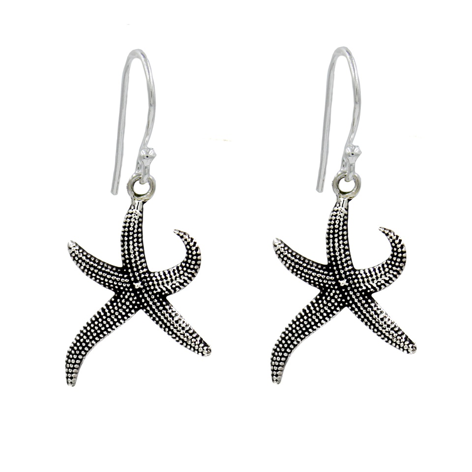 925 sterling silver starfish dangle earrings, oxidized beach design