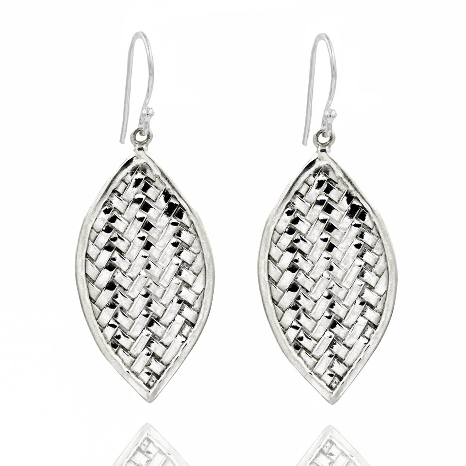 Oxidized silver leaf-shaped earrings with woven texture