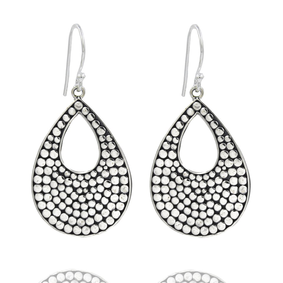 925 sterling silver teardrop dangle earrings, oxidized dotted design