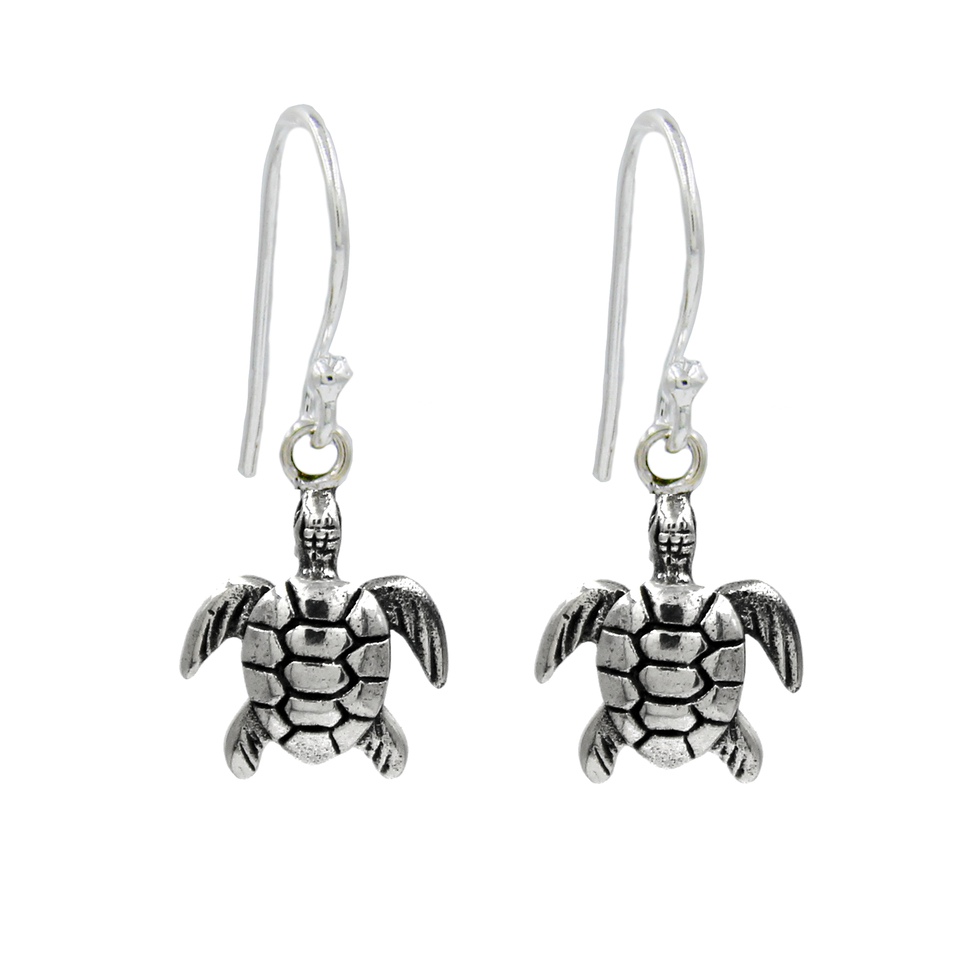 Turtle-shaped silver dangle earrings with oxidized finish