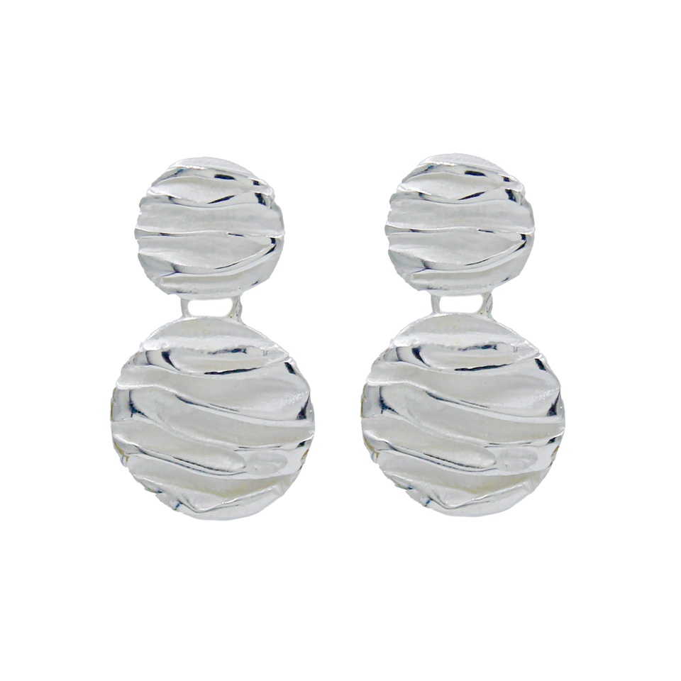 Double disc silver dangle earrings with wavy textured finish
