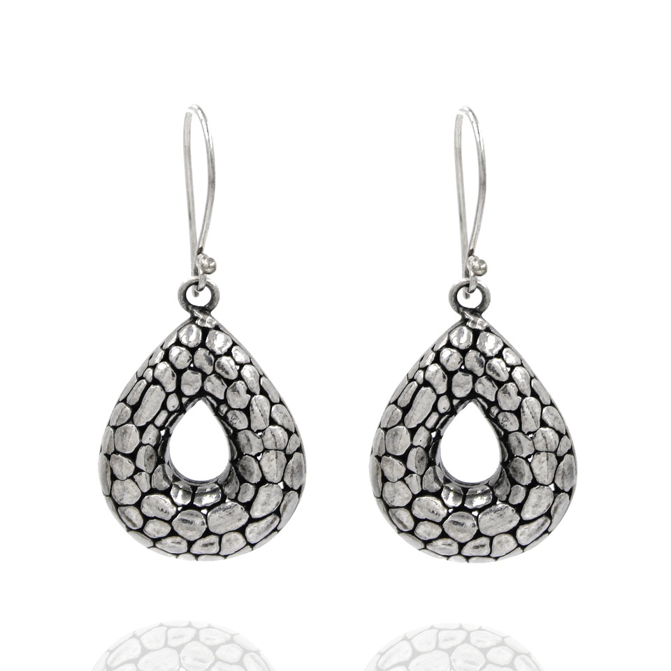 Teardrop dangle earrings with textured pebble pattern in antique silver finish
