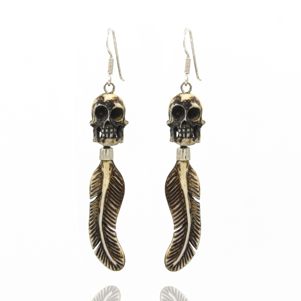 Handmade tribal skull and feather dangle earrings in antique bone finish