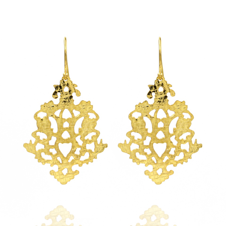18k yellow gold-plated silver dangle earrings, filigree floral design