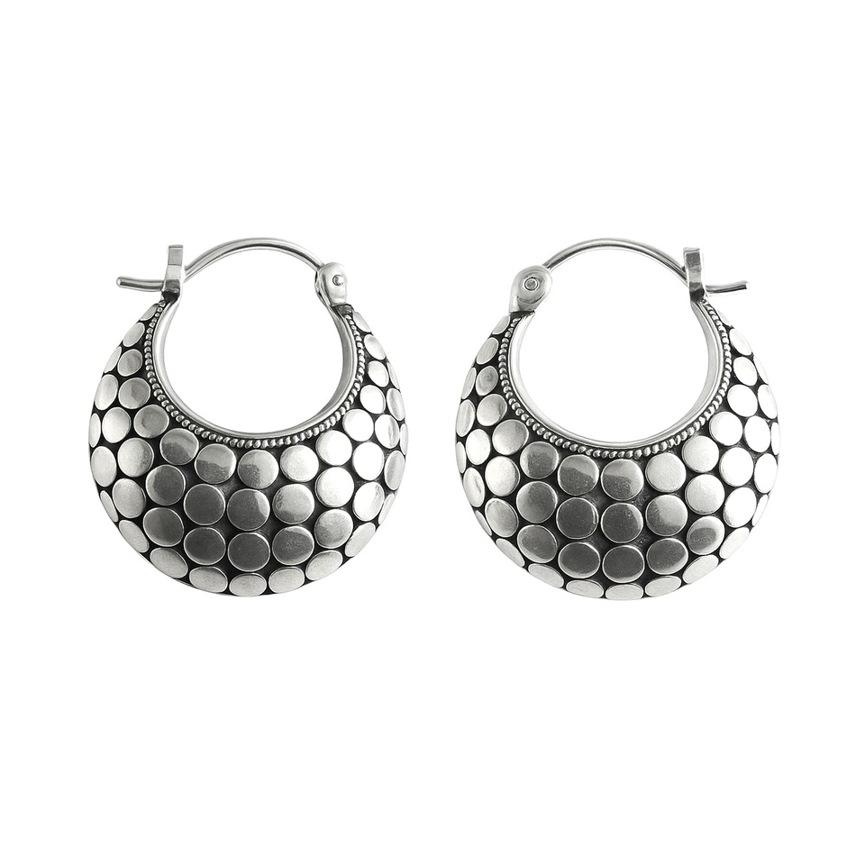 925 sterling silver crescent hoop earrings, dotted oxidized design