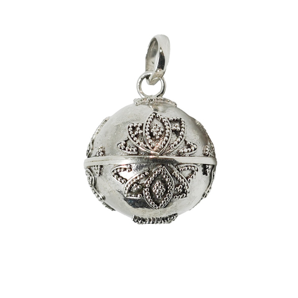 Round silver ball pendant with embossed floral lotus motifs