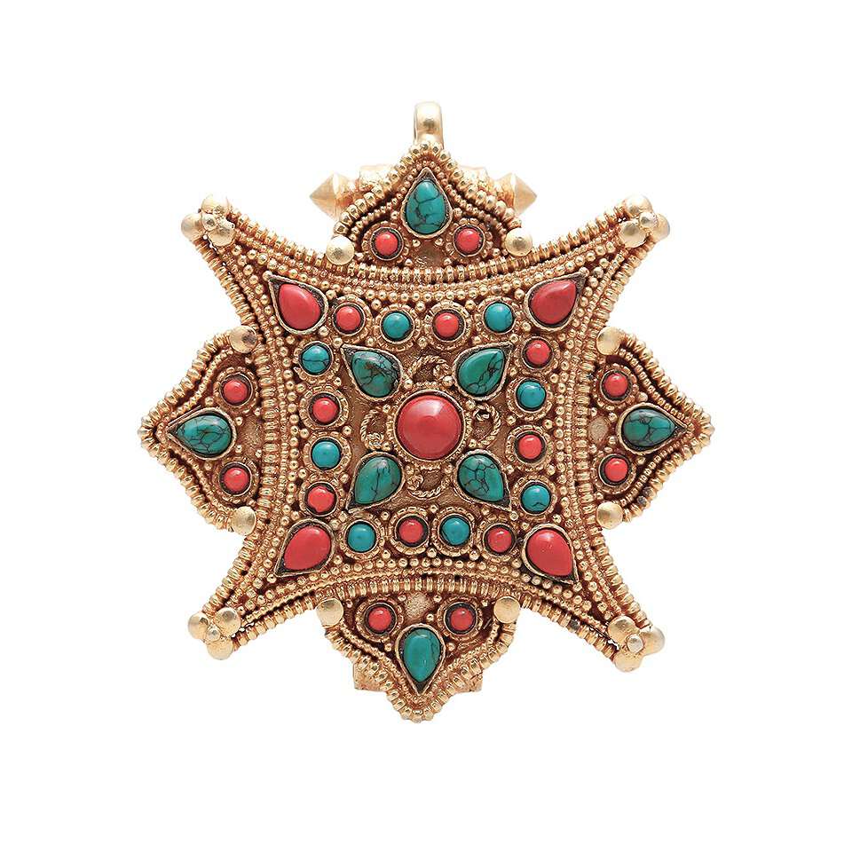 Tibetan star-shaped pendant with coral and turquoise inlay