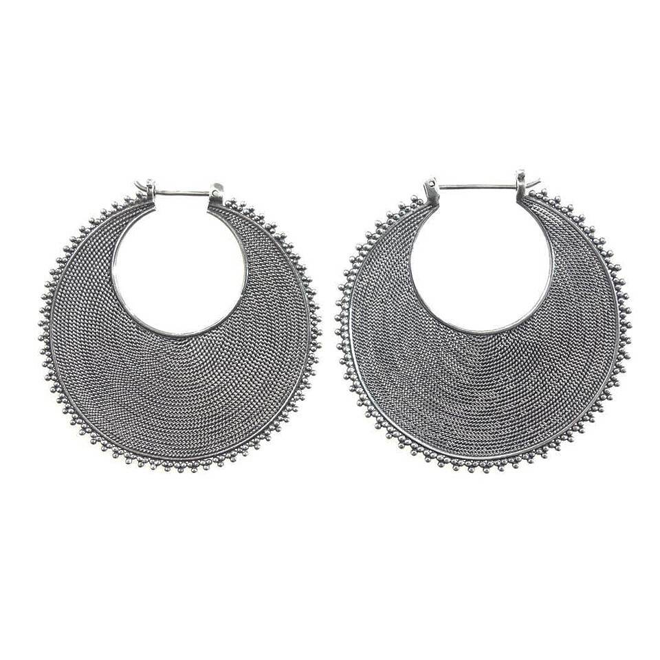 925 sterling silver crescent hoop earrings, oxidized mesh design with beaded edge