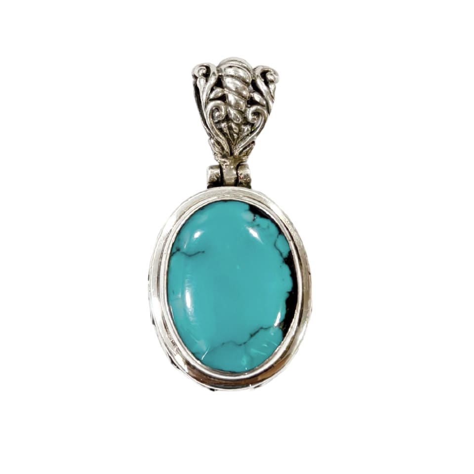 Handmade Oval Turquoise Pendant in 925 Sterling Silver with Decorative Bail