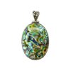 Oval abalone shell pendant with ornate silver bail on white background