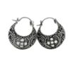925 sterling silver crescent hoop earrings, oxidized floral tribal design